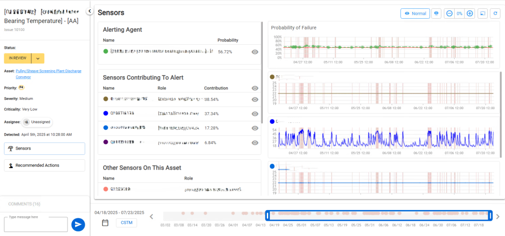 Alert manager – an image of what a user would see on the Mtell Alert web page, listing a specific agent and tags that agent monitors and probability of failure